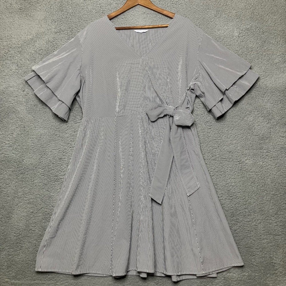 Boutique Wrap Dress Women Sz 2XL Pinstripe Ruffle Sleeve V-Neck Coastal Hamptons